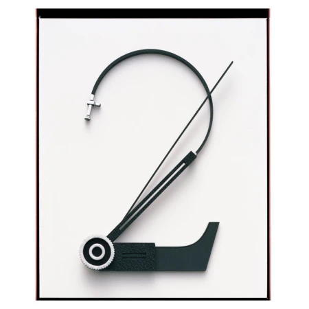 Abstract clock hand art. The clock hand is bent to make the shape of a number two set against a bright white background. 