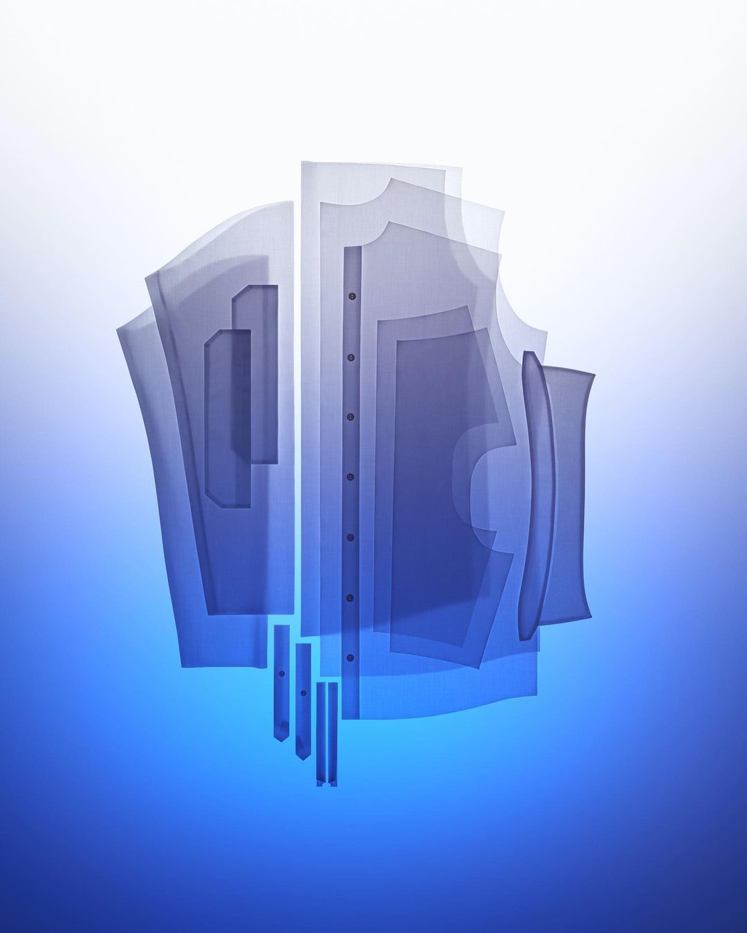 Ghosted semi-transparent abstract shirt pattern illustration on a light blue gradient background. Fashion industry concept, flat lay composition.