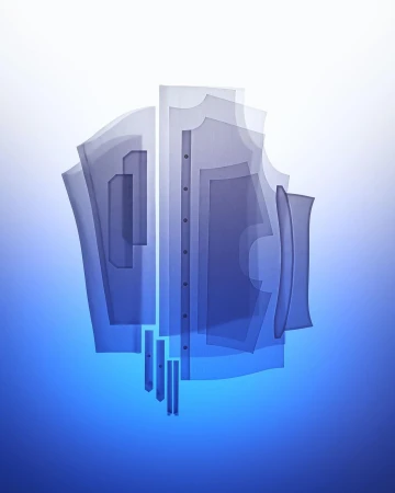 Ghosted semi-transparent abstract shirt pattern illustration on a light blue gradient background. Fashion industry concept, flat lay composition.