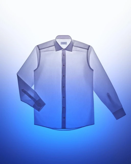 Studio shot of a light blue and white long-sleeved, button-down dress shirt, emphasizing its design and color against a graduated background.