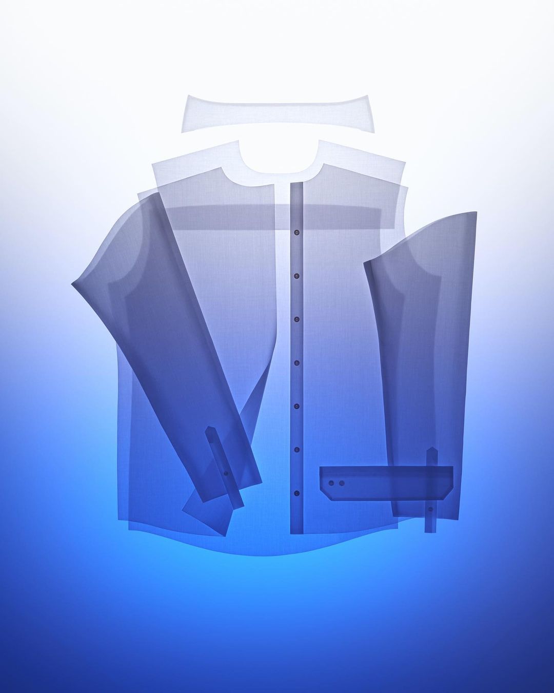 Translucent blue button-down shirt in an abstract fashion image with a collar, sleeves, buttons, and a pocket against a bright gradient background.
