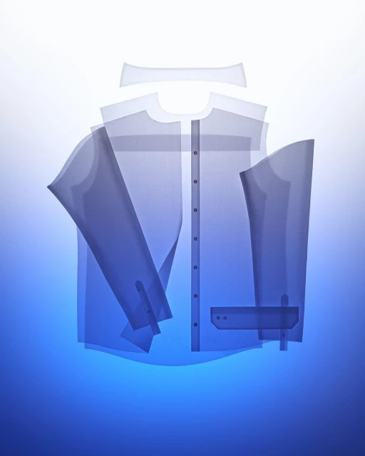 Translucent blue button-down shirt in an abstract fashion image with a collar, sleeves, buttons, and a pocket against a bright gradient background.