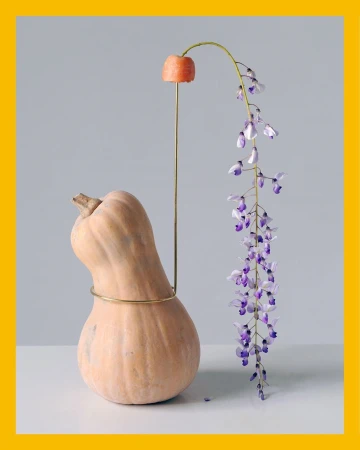 Still life composition features an orange gourd, carrot on a metal stick, and purple wisteria flowers against a grey and white backdrop.