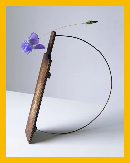 Minimalist still life featuring a purple flower, wooden paddle-like vase, and wire arc against a neutral backdrop with a yellow border.