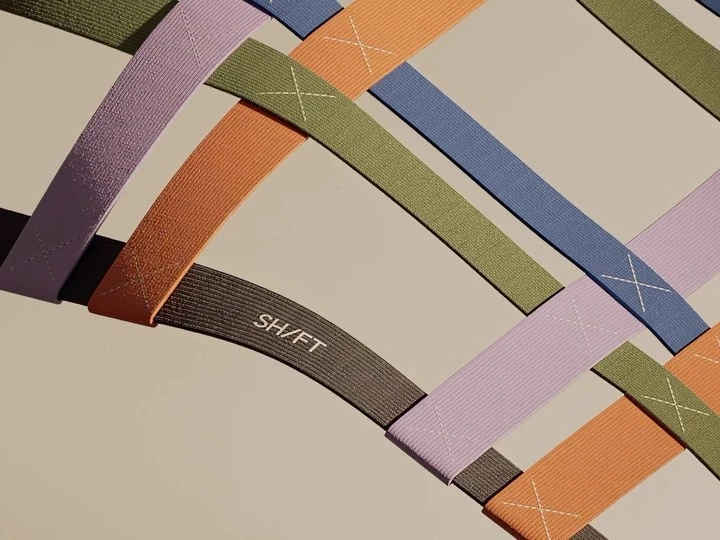 Abstract weaving of multi-colored elastic bands in shades of brown, orange, purple, green, and blue, intersecting to form a dynamic pattern.