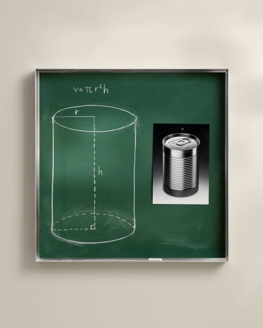Chalkboard displaying a diagram of a cylinder and its volume formula with a photo of a can attached to the board.