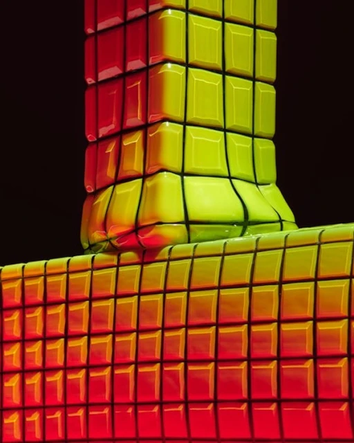 Abstract shot of interconnected yellow and red cube-like structures against a dark background creating a visually distorted, grid-like pattern.