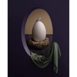 A small blue budgerigar perched atop a large white egg in a nest, viewed through an oval portal draped with green fabric.