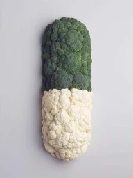 A giant pill shaped sculpture made from green broccoli and white cauliflower against a neutral background.
