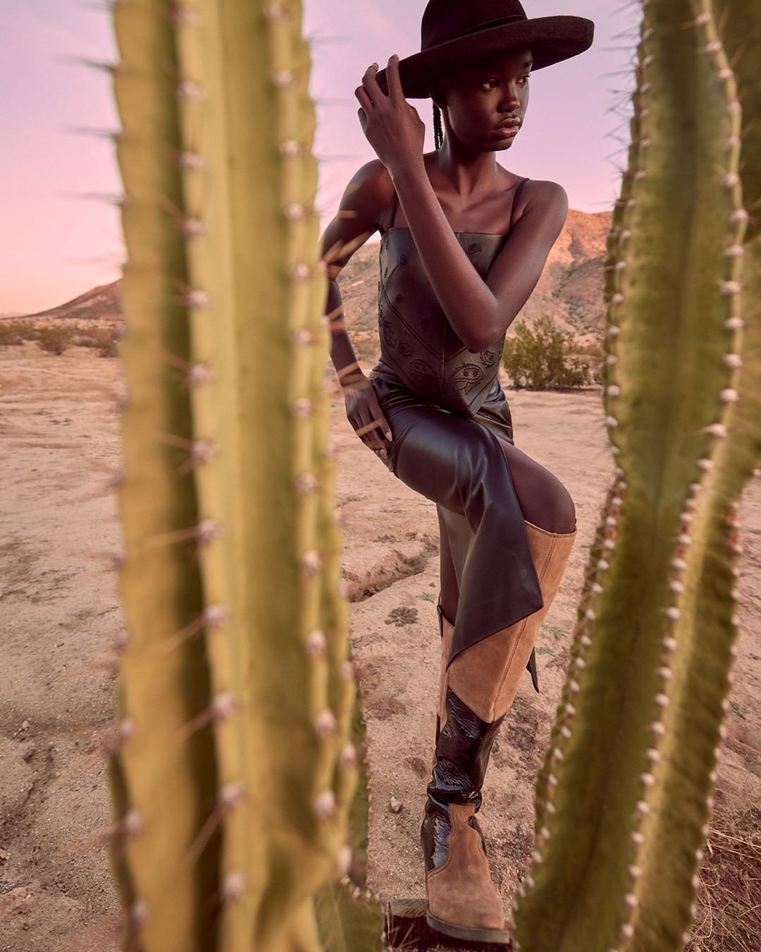 Fashion shot of a Black woman in a dress and cowboy boots, posing in the desert with cacti, wearing a dark hat in the evening light.