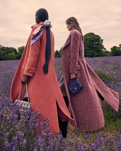 Two women in long coats stroll through a lavender field, holding purses in an outdoor fashion editorial shot on a cloudy day.