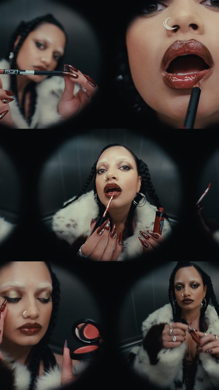Woman applies lip makeup in a multi-panel shot, showcasing cosmetic products, makeup techniques, and a beauty and fashion theme.