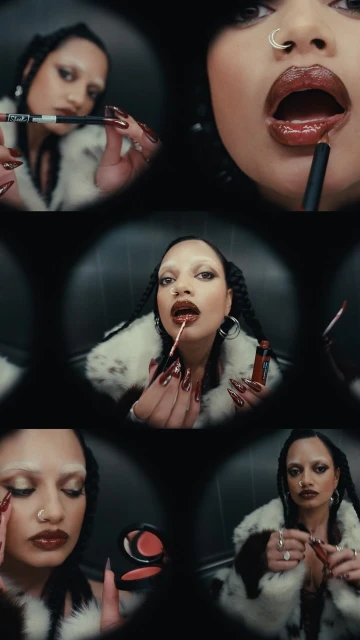 Woman applies lip makeup in a multi-panel shot, showcasing cosmetic products, makeup techniques, and a beauty and fashion theme.