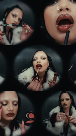 Woman applies lip makeup in a multi-panel shot, showcasing cosmetic products, makeup techniques, and a beauty and fashion theme.