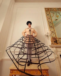 Model standing on a gilded console wearing a structured beige jacket and an oversized black cage crinoline skirt.