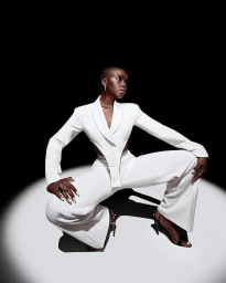 Black woman with a buzzcut wearing a white suit and heels, squatting in a spotlight against a black background.