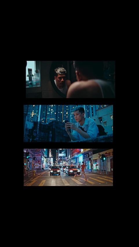 A triptych of a man in a bathroom mirror, on a city rooftop with phone, and crossing an urban street at night with car headlights.