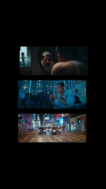 A triptych of a man in a bathroom mirror, on a city rooftop with phone, and crossing an urban street at night with car headlights.