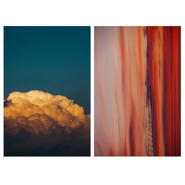 Split image showcasing cumulus clouds against blue sky and vertical lines with a tall structure silhouetted on a light sky backdrop.