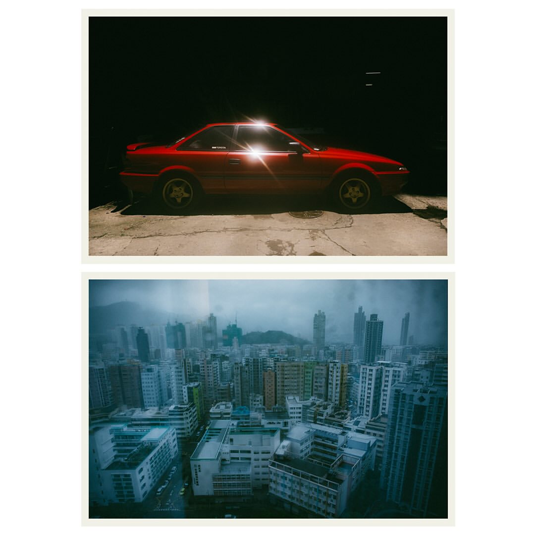 Two images: one of a red coupe parked on concrete, and the other a cityscape with tall buildings shrouded in fog.
