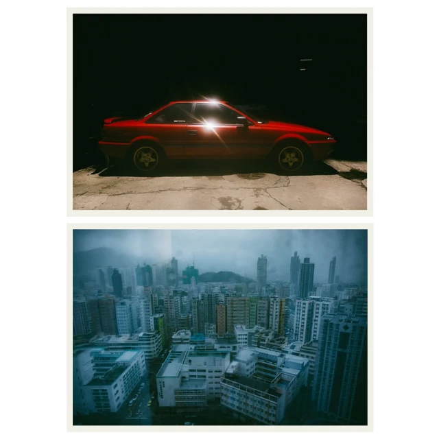 Two images: one of a red coupe parked on concrete, and the other a cityscape with tall buildings shrouded in fog.