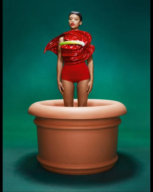 Woman in a red outfit stands inside a large terracotta flower pot against a green background in a fashion photography studio shot.
