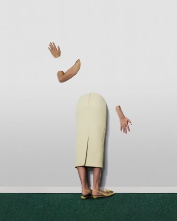 Surreal fashion shot featuring a beige skirt, yellow shoes, and disembodied arms and hands against a white and green background.
