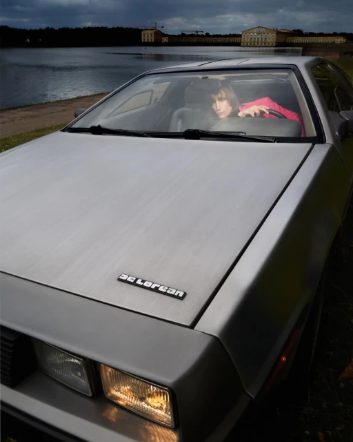Silver DeLorean car parked near a lake with a building in the distance and a person visible inside the vehicle.