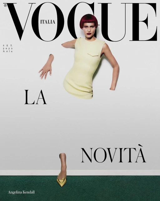 Vogue Italia magazine cover featuring a woman in a sleeveless yellow dress, with only her torso, arm, hand, and leg visible.