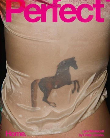 Magazine cover featuring a person wearing a light beige top with an image of a horse printed on the front, with pink text overlay.