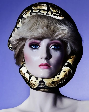 Close-up studio shot of a mannequin head adorned with a ball python wrapped around its head and neck against a blue background.