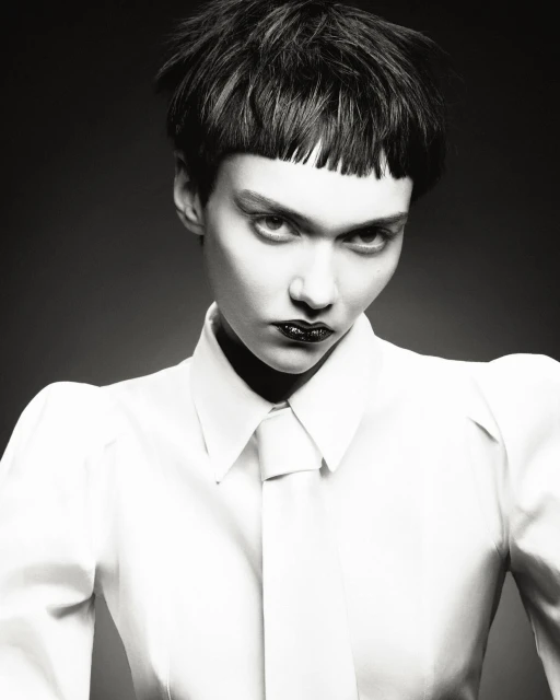 Dramatic black and white studio portrait of an androgynous person with a bowl cut, dark lipstick, and a white shirt and tie.