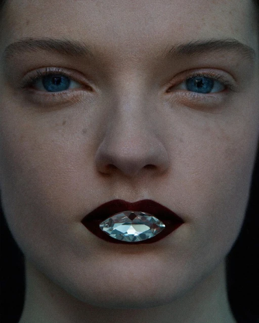Close-up portrait of a woman with blue eyes and dark lipstick, featuring a jewel-toned gem accenting her lips against a dark background.