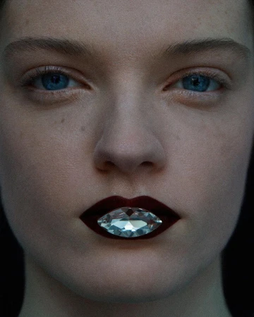 Close-up portrait of a woman with blue eyes and dark lipstick, featuring a jewel-toned gem accenting her lips against a dark background.