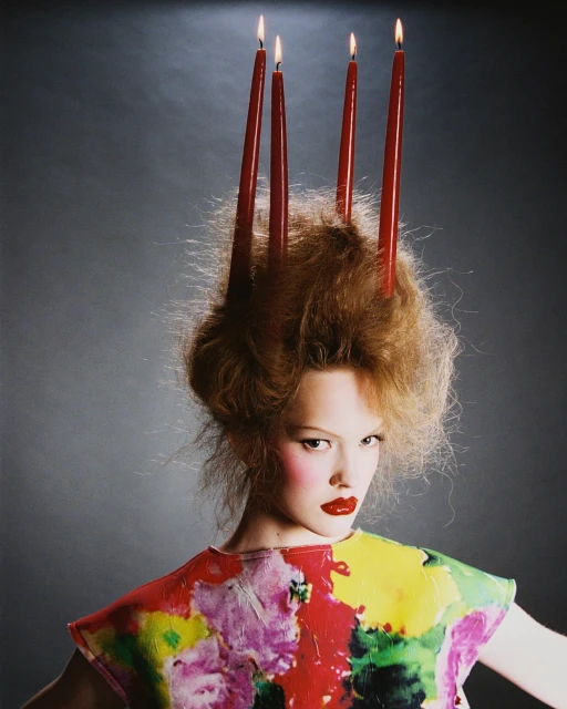 Portrait of a woman with red candles in her red hair. She wears a floral-patterned top. Dark background, red lipstick and blush.