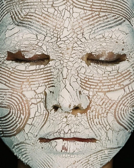 Close-up portrait of a person's face covered in a cracked, white clay-like mask with patterned concentric lines around the face.