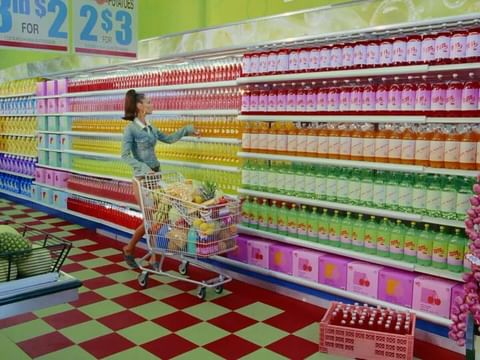 Woman with a shopping cart in the brightly colored produce section of a grocery store with shelves of beverages and checkered floor.
