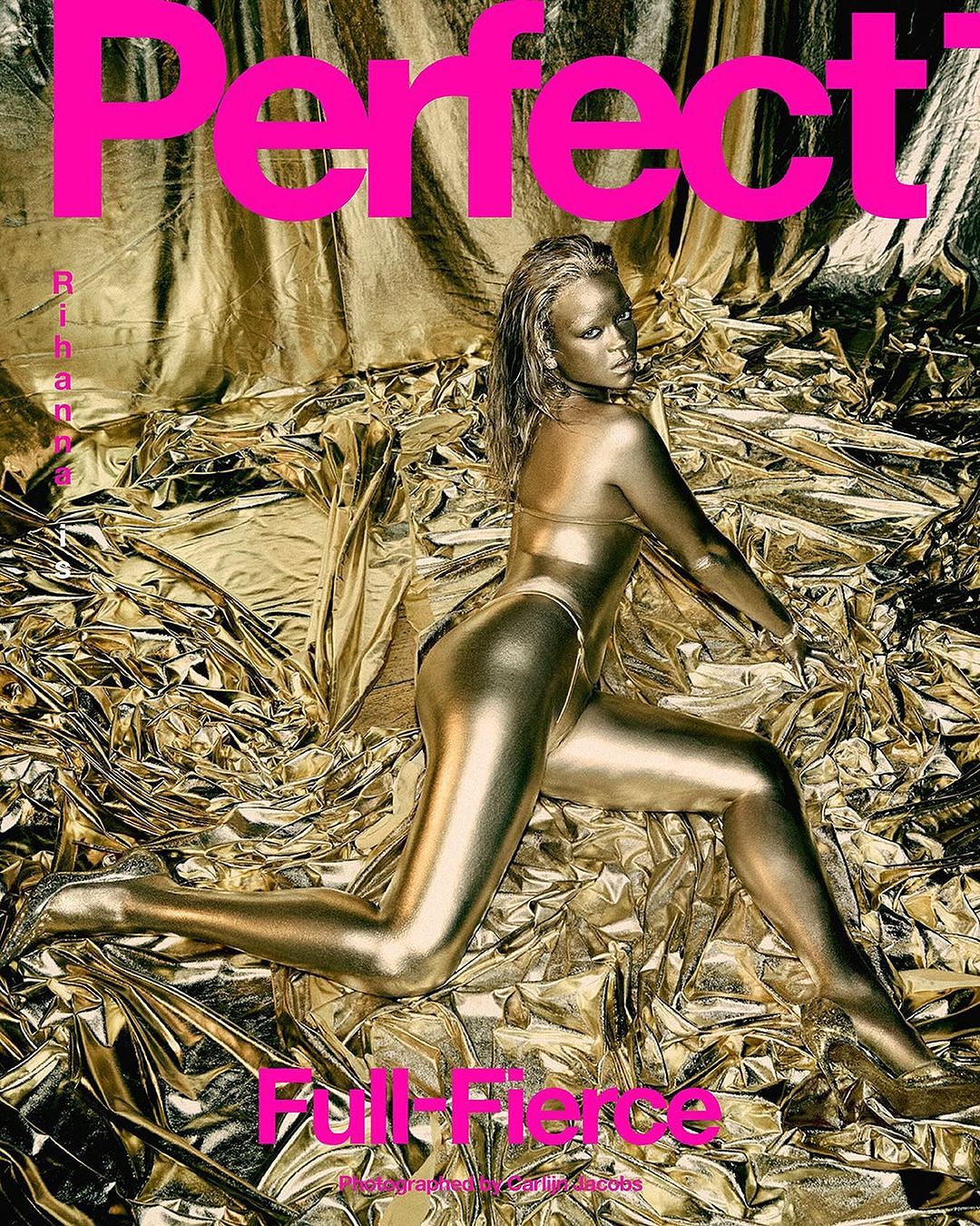 Magazine cover featuring a woman with gold body paint, reclining on metallic gold material, cover text reads 'Perfect' and 'Full Fierce'.
