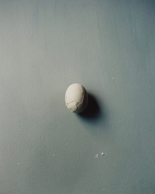 Minimalist studio shot: Cracked egg on pale blue surface. Soft lighting accentuates eggshell texture and subtle background details.