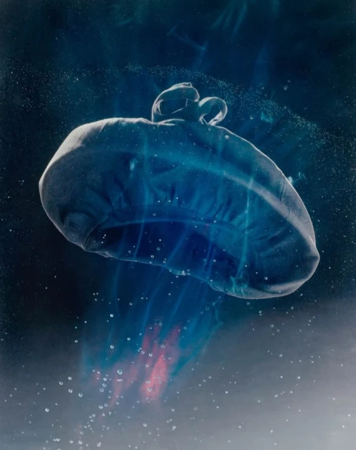 Abstract underwater still life photography showcasing a floating, translucent jellyfish-like form with flowing tendrils in a dark blue environment.