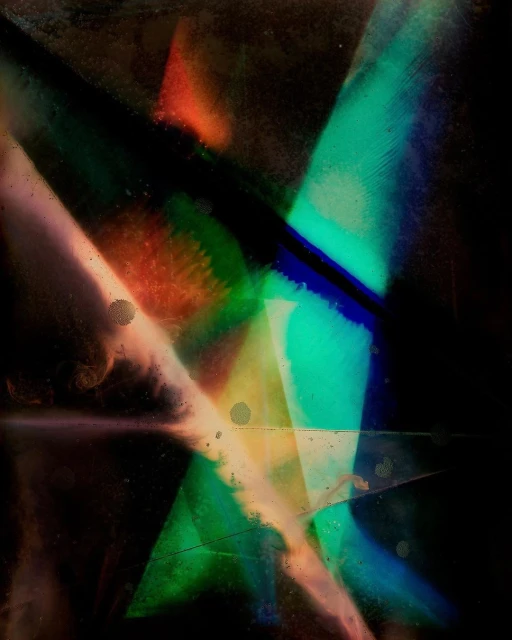 Abstract art featuring intersecting geometric shapes in teal, orange, blue, and black, with a dark background and textured surface.
