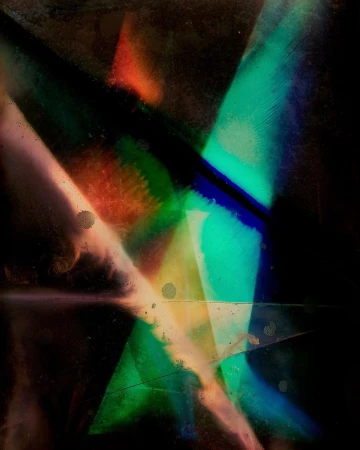 Abstract art featuring intersecting geometric shapes in teal, orange, blue, and black, with a dark background and textured surface.