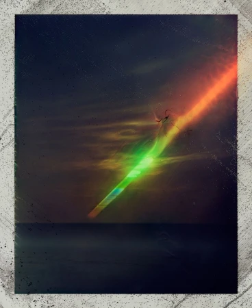 Abstract art featuring a brightly colored light beam over a dark sea, with a cloudy sky and a textured white border.