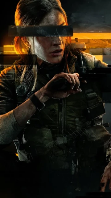 Female soldier in tactical gear with facial distortion effects. Dark background, gritty realism, and potential gaming or military context.