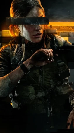 Female soldier in tactical gear with facial distortion effects. Dark background, gritty realism, and potential gaming or military context.
