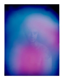 Portrait of a shirtless man surrounded by vibrant aura photography in blue and magenta tones by Carlo Van De Roer