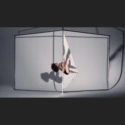 A woman performing pole dancing against a white studio seamless background with dramatic shadow casting.