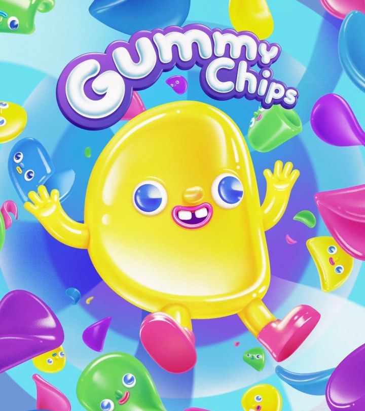 Cartoon image of a smiling yellow gummy chip with arms and legs, set against a blue background with floating gummy chip pieces.