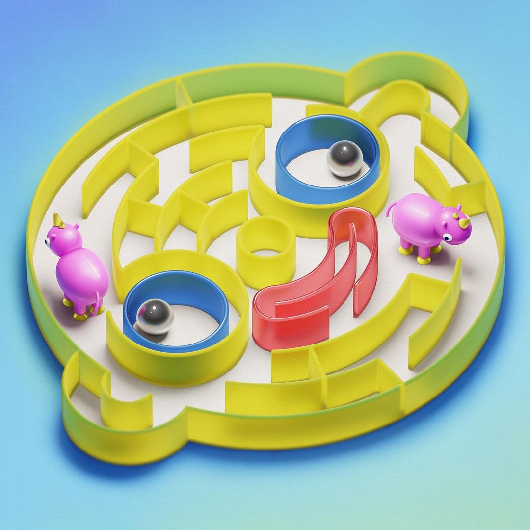 Overhead shot of a toy maze with yellow walls, pink rhino figurines, metal ball bearings, and red & blue accents against a blue background.