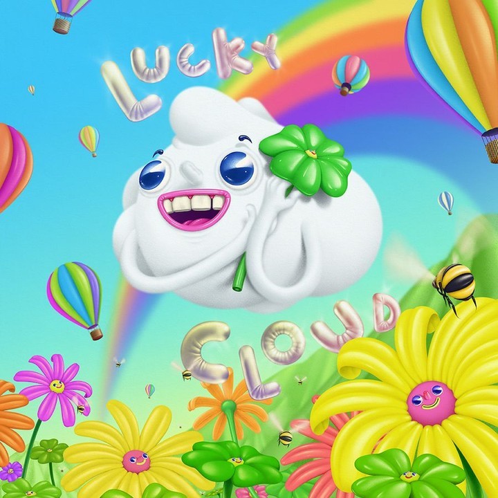 Whimsical digital art featuring a cartoon cloud with a clover, set in a vibrant landscape with balloons, flowers, and a rainbow backdrop.